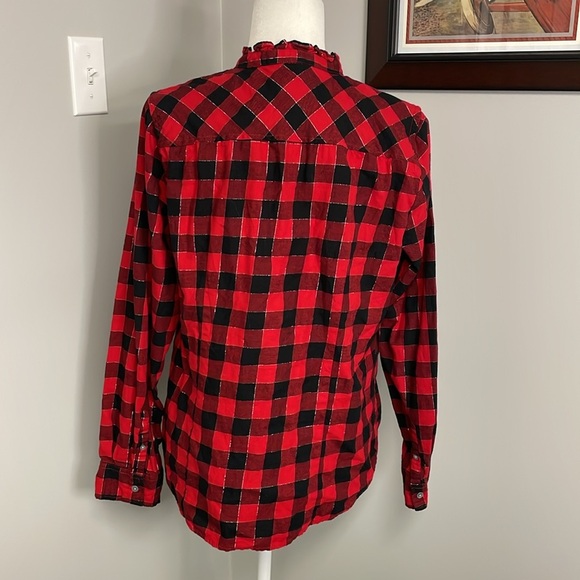 J. Crew Black Red Plaid Holiday Tartan Long Sleeve Ruffle Button Down Size Large - Picture 4 of 7